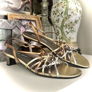 David Tate Women's Yknot Gold and Silver Strappy Sandals with Kitten Heel